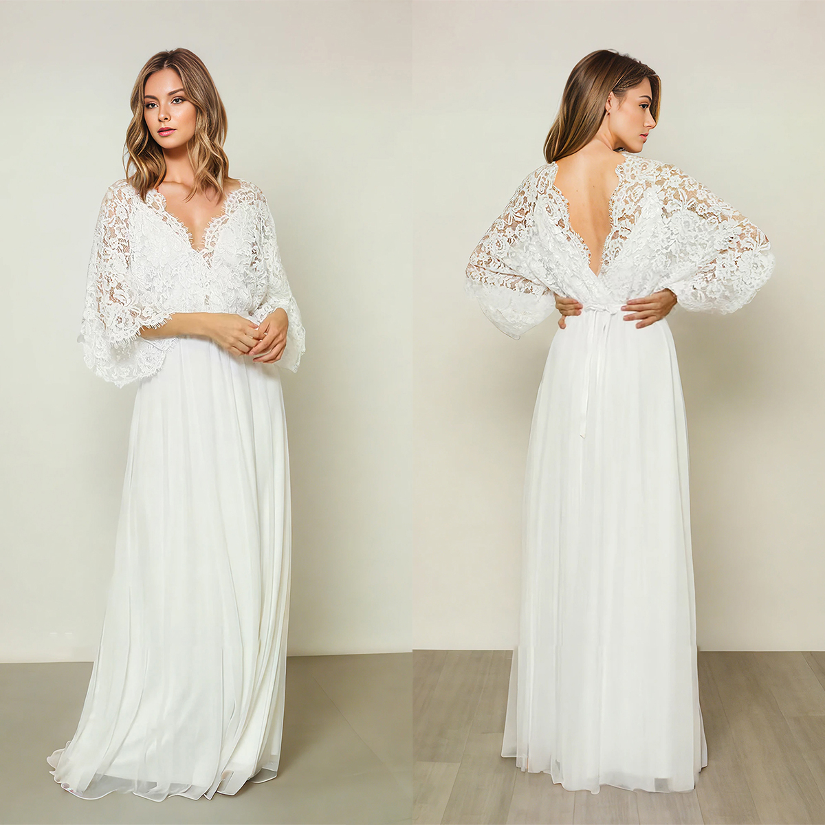 Arabia A Line Wedding Dress V Neck Lace Appliques Long Sleeve Bride Dresses Sweep Train Backless Boho Bridal Gowns