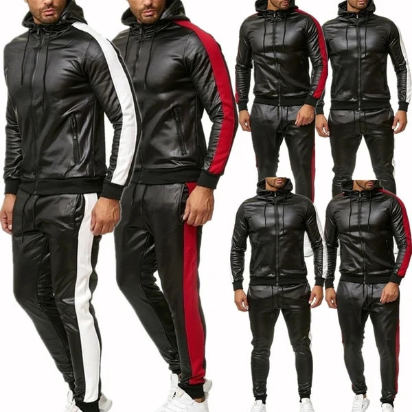 Mens Pu Leather Hoodies Set Casual Sweatsuit Hooded Jacket And Pants Jogging Suit Tracuits 240202