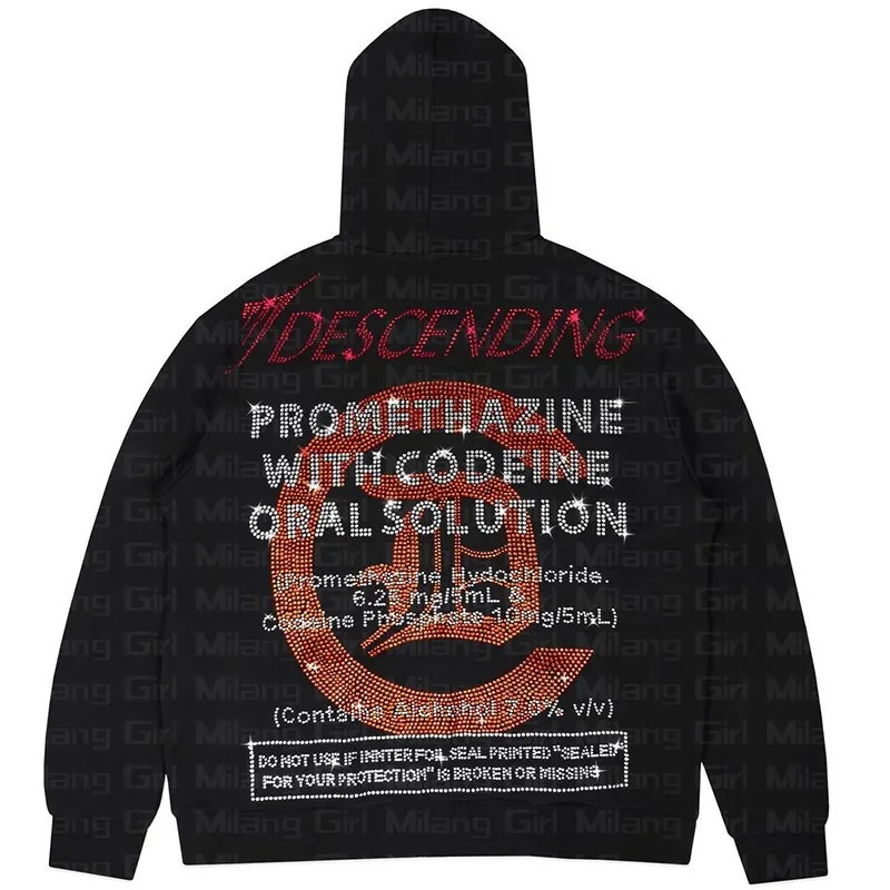 Autumn Y2K Rhinestone Graphics Zip Up Oversized Sweatshirt Goth Hoodie Men Women Grunge Hooded Jacket Streetwear Letter Clothing 240202