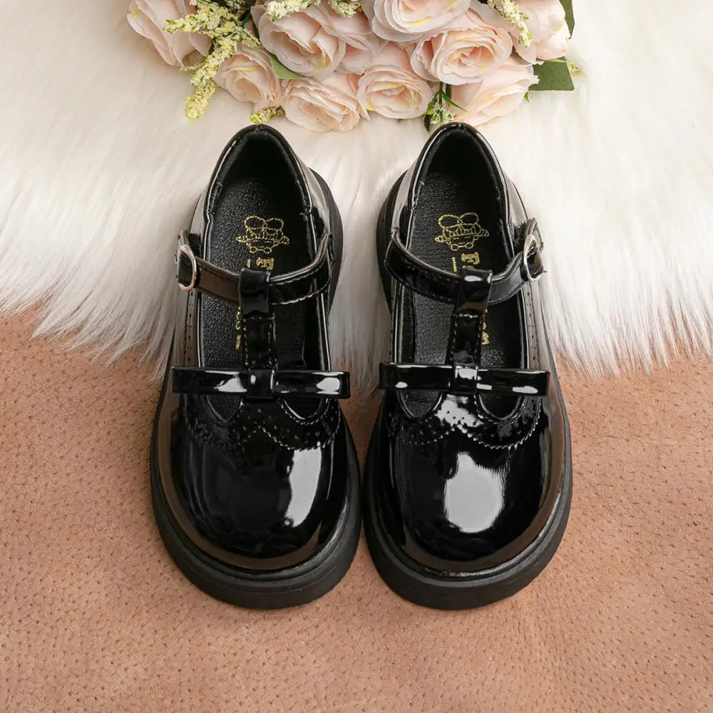 Fashion Children's Shoes Simple Bow T Buckle Black Leather Shoes Classic Cute Versatile Princess Dress Shoes 240119