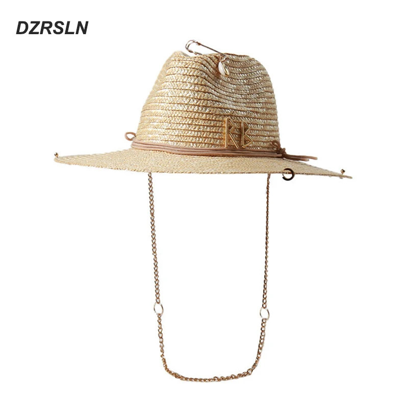 Stylish 2024 Letter Straw Fedora with Chain - Sun Protection Beach & Tea Party Hat dh910320090