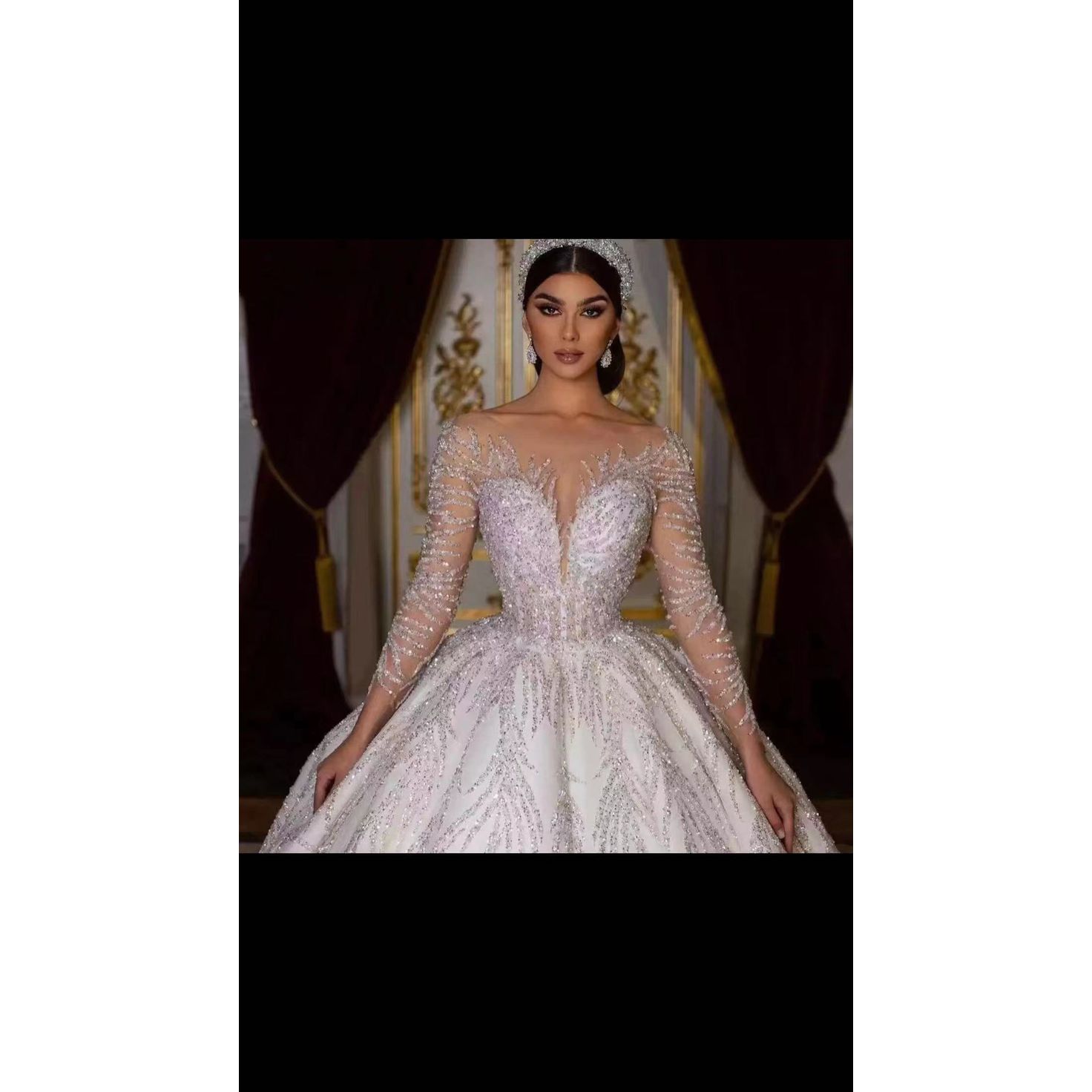 Crystal Ball Gown Dresses Scoop Neck Illusion Long Sleeves Wedding Dress Rhies Designer Bridal Gowns 0914