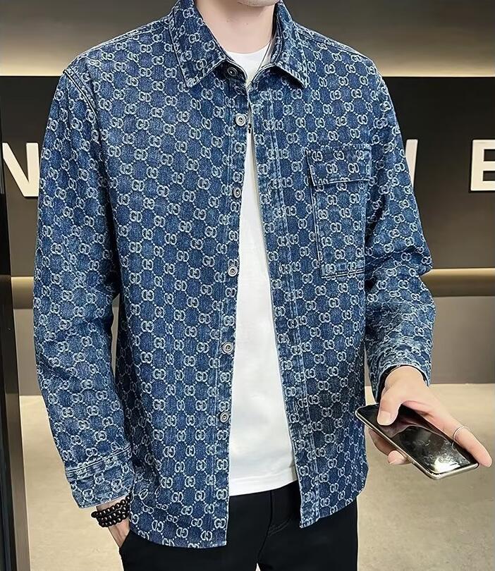 G1028 designer jacket men long sleeve plaid brand jean jacket Lapel Neck luxury denim jackets mens coat