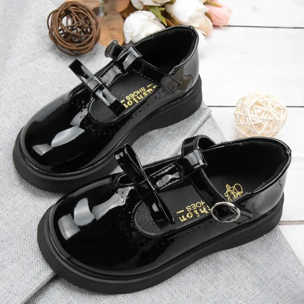 Fashion Children's Shoes Simple Bow T Buckle Black Leather Shoes Classic Cute Versatile Princess Dress Shoes 240119