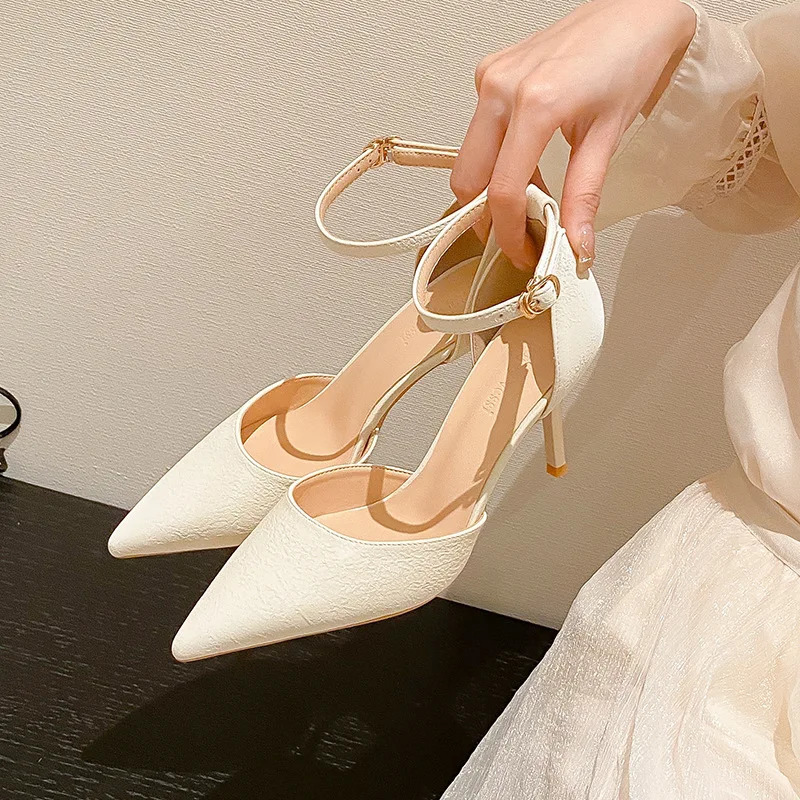 8cm Fashion Sandals Pointed Toe High Heels Ankle Belt Beige Ladies Dress Women Shoes 39 40 240119