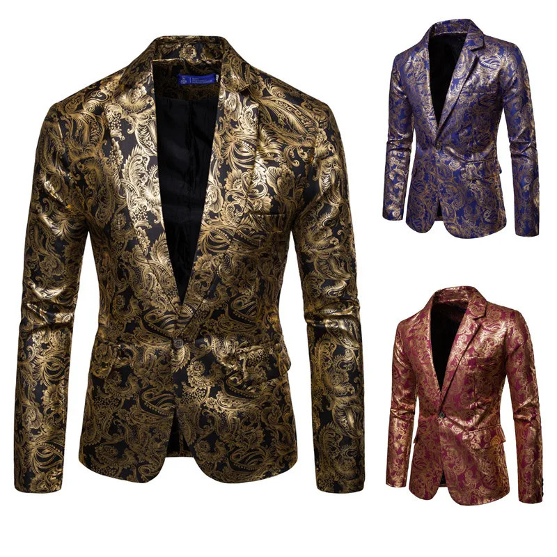 Mens Golden Floral Blazers Business Casual Suit Wedding Dress Gold Blazer Coats Jackets 240126