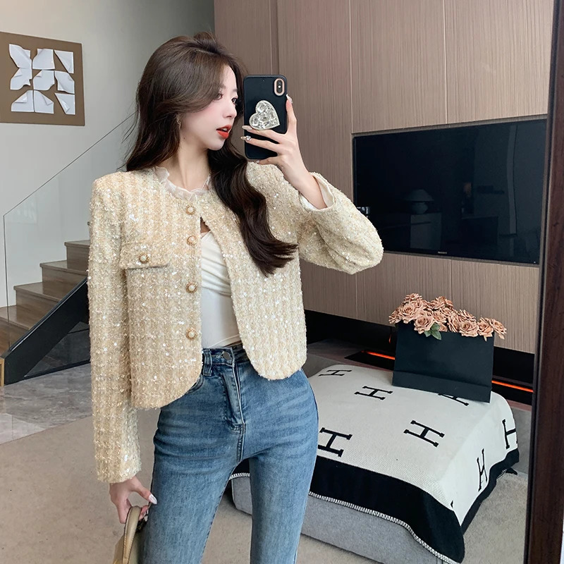 Runway Fashion Pearl Button Shiny Jacket Coat High Quality Chic Autumn Womens O Neck Tweed Casaco Outwear 240124