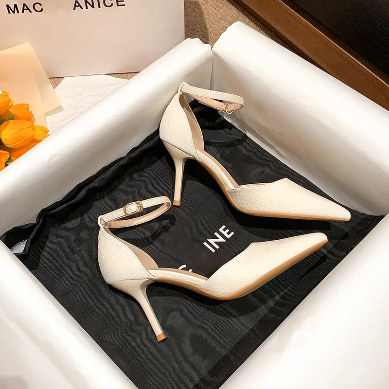 8cm Fashion Sandals Pointed Toe High Heels Ankle Belt Beige Ladies Dress Women Shoes 39 40 240119