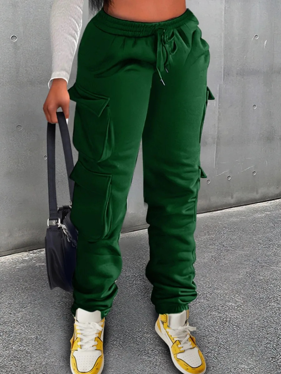 LW Plain Pocket Sweatpants Side Pockets Drawstring Cargo Pants Women Stretchy Trendy Casual Trousers 240129