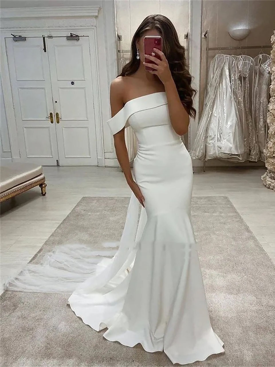 Ivory Bridal Gowns White Wedding Dresses Formal Sleeveless Sweep Train Custom Zipper Lace Up Backless Plus Size New Trumpet Mermaid Off-Shoulder Elast
