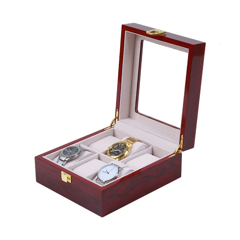 VANSIHO Promotion Dark Red Wooden Watch Case 2 3 4 5 6 10 12 Slots PU Leather Watches Collection Box Display With Lock 240129