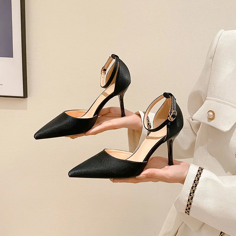 8cm Fashion Sandals Pointed Toe High Heels Ankle Belt Beige Ladies Dress Women Shoes 39 40 240119