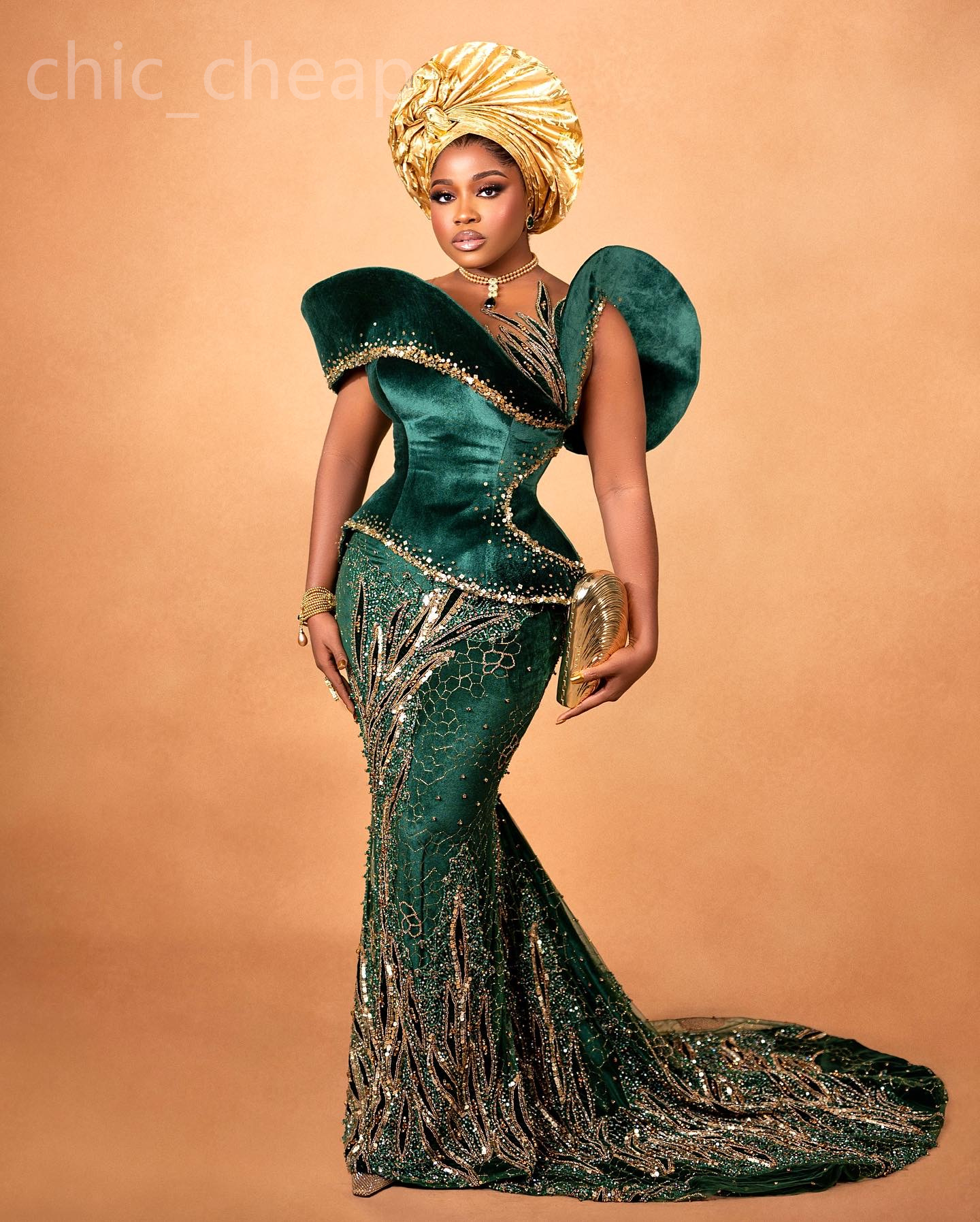 Aso Ebi 2024 Dark Green Mermaid Prom Dress Beaded Sequined Lace Veet Evening Formal Party Second Reception Birthday Engagement Gowns Dresses Robe De S