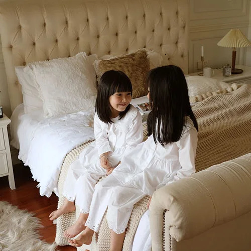 Kid Girls LOLita Embroidered Turndown Collar Pajama Sets.Vintage Toddler Kids Pyjamas set Sleep Loungewear.Childrens Clothing 240130