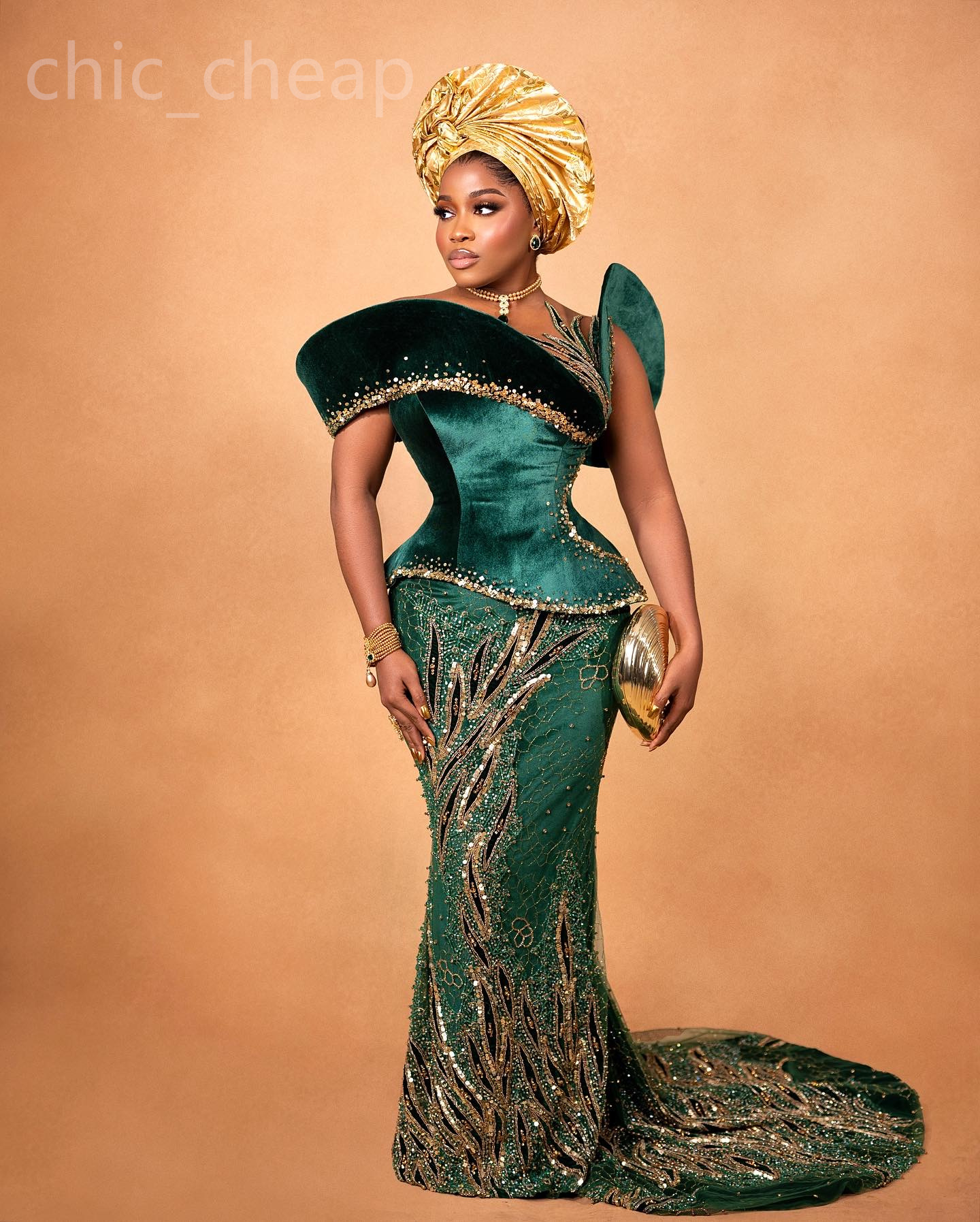 Aso Ebi 2024 Dark Green Mermaid Prom Dress Beaded Sequined Lace Veet Evening Formal Party Second Reception Birthday Engagement Gowns Dresses Robe De S