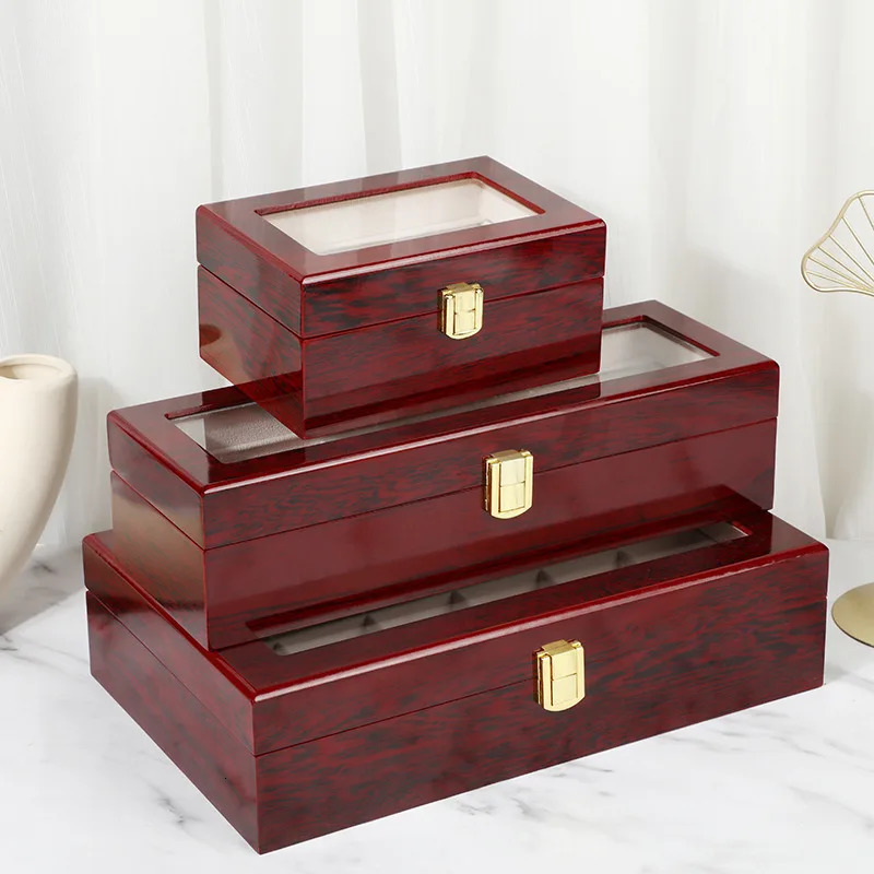 VANSIHO Promotion Dark Red Wooden Watch Case 2 3 4 5 6 10 12 Slots PU Leather Watches Collection Box Display With Lock 240129