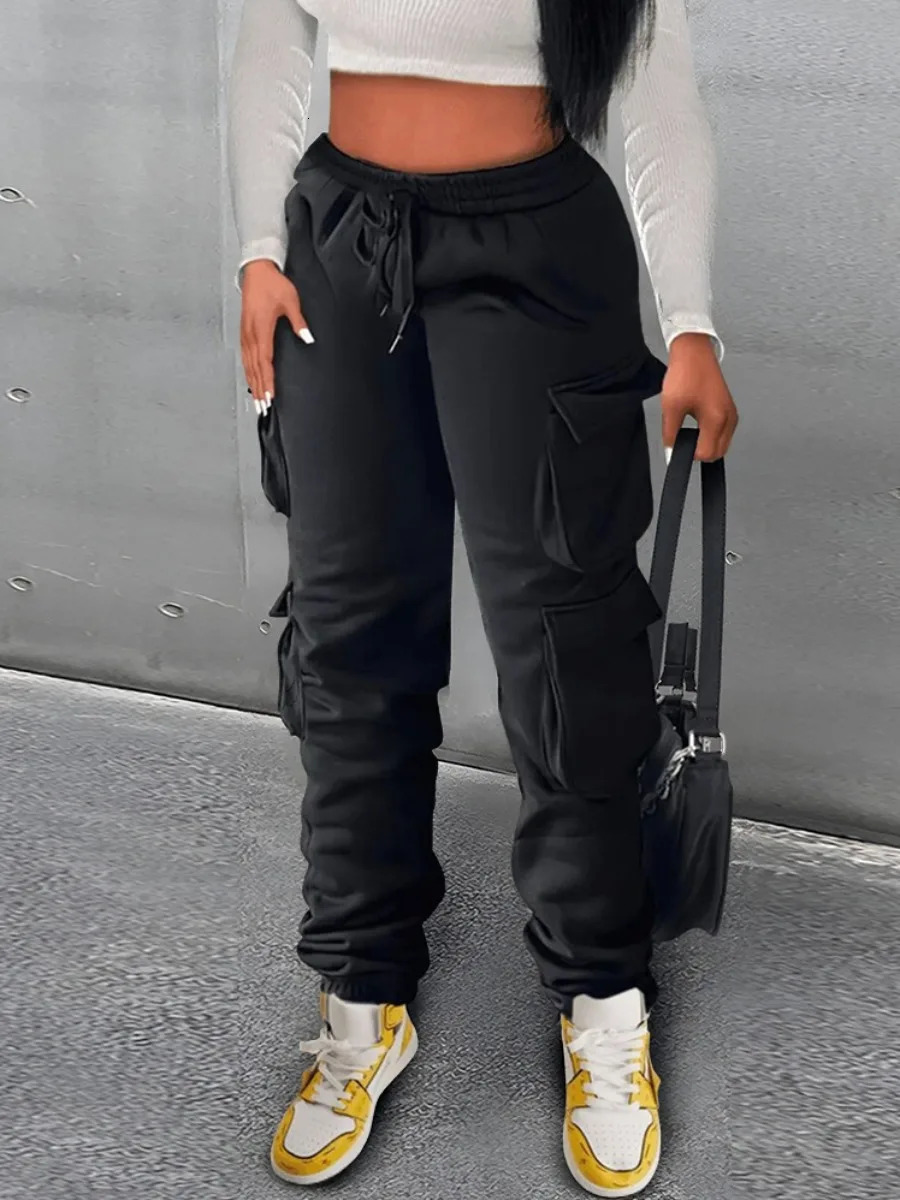 LW Plain Pocket Sweatpants Side Pockets Drawstring Cargo Pants Women Stretchy Trendy Casual Trousers 240129