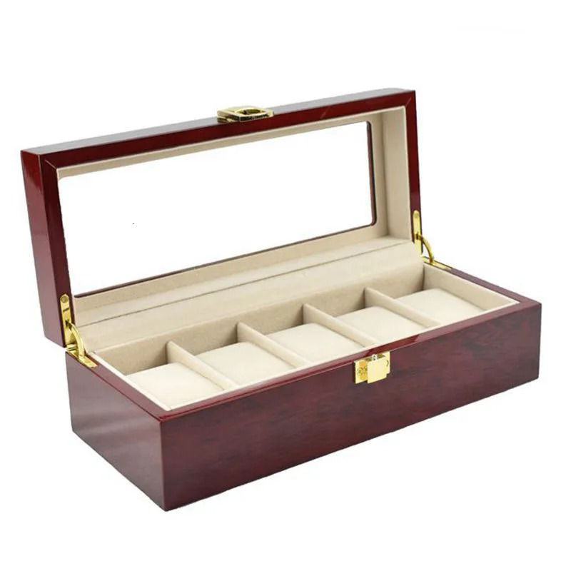 VANSIHO Promotion Dark Red Wooden Watch Case 2 3 4 5 6 10 12 Slots PU Leather Watches Collection Box Display With Lock 240129