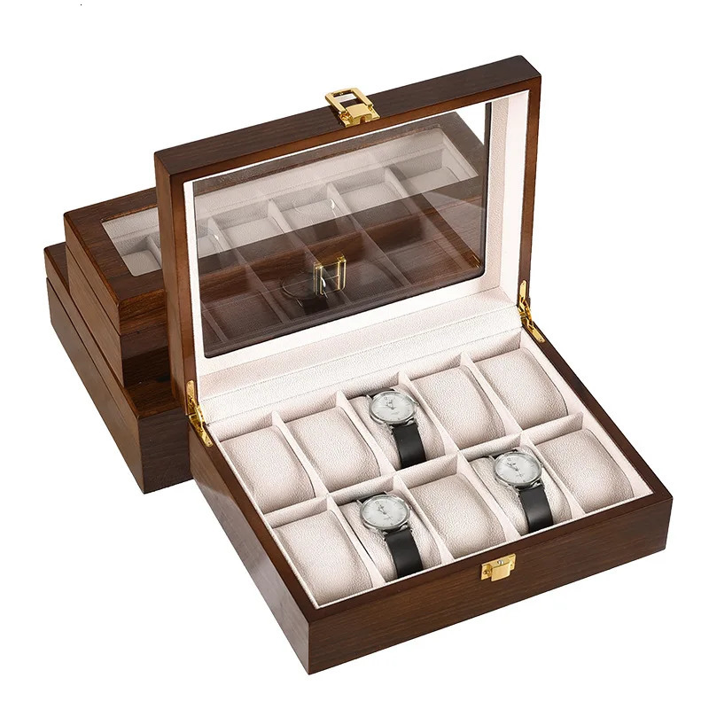 VANSIHO Promotion Dark Red Wooden Watch Case 2 3 4 5 6 10 12 Slots PU Leather Watches Collection Box Display With Lock 240129