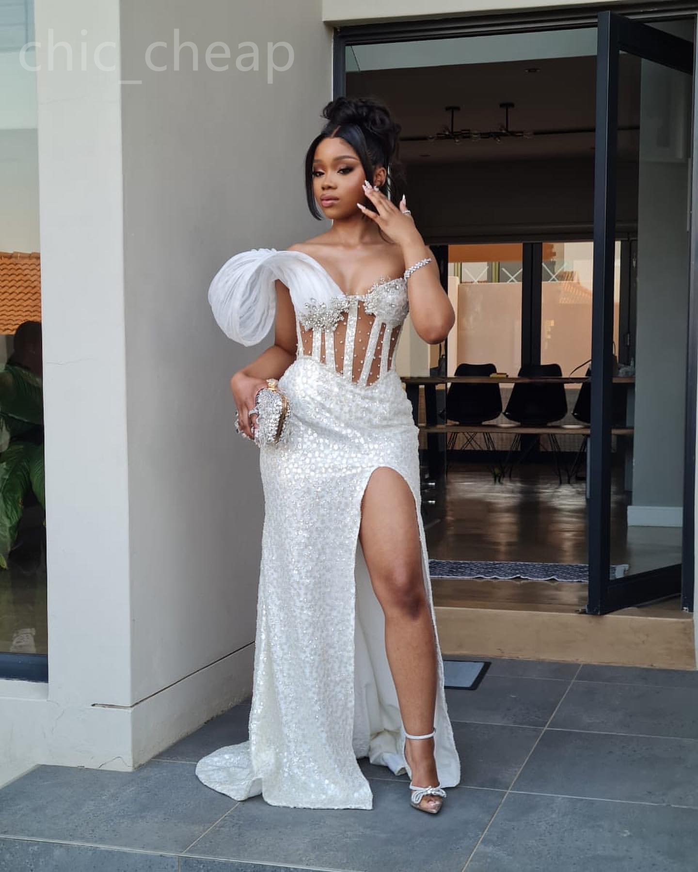 2024 Aso Ebi Ivory Mermaid Prom Dress Beaded Crystals Sequined Lace Evening Formal Party Second Reception Birthday Engagement Gowns Dresses Robe De So