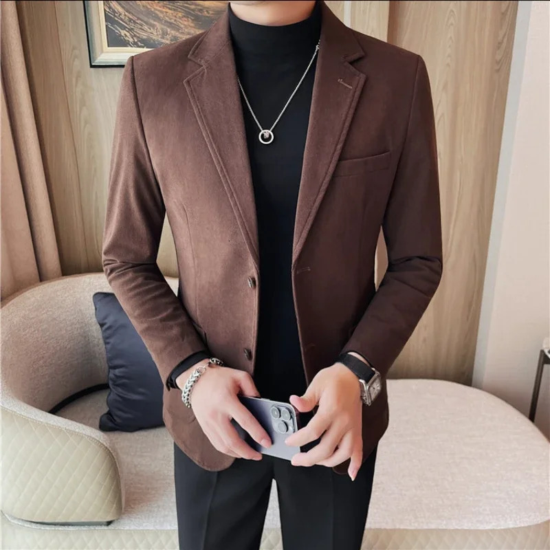 British Style Autumn Winter Men Blazers Solid Color Casual Business Suit Jacket Office Social Wedding Banquet Formal 240201