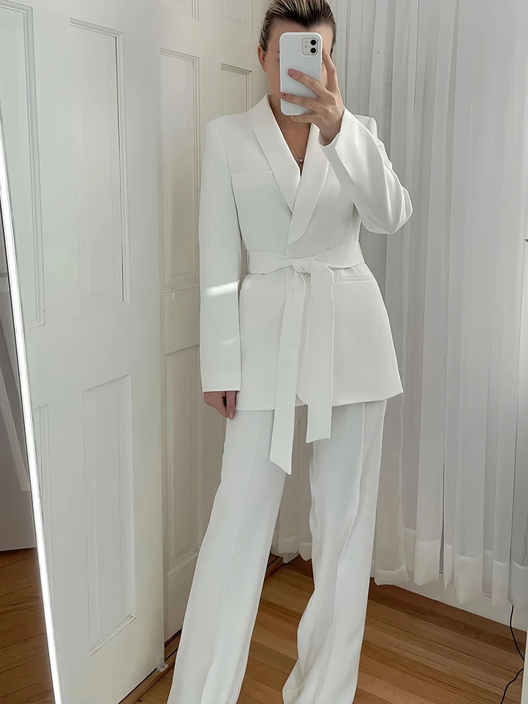 Womens Blazer Set 2 Pieces Long Sleeve VNeck Belted High Waisted Wide Leg Trousers Casual Elegant OL Sui 240127