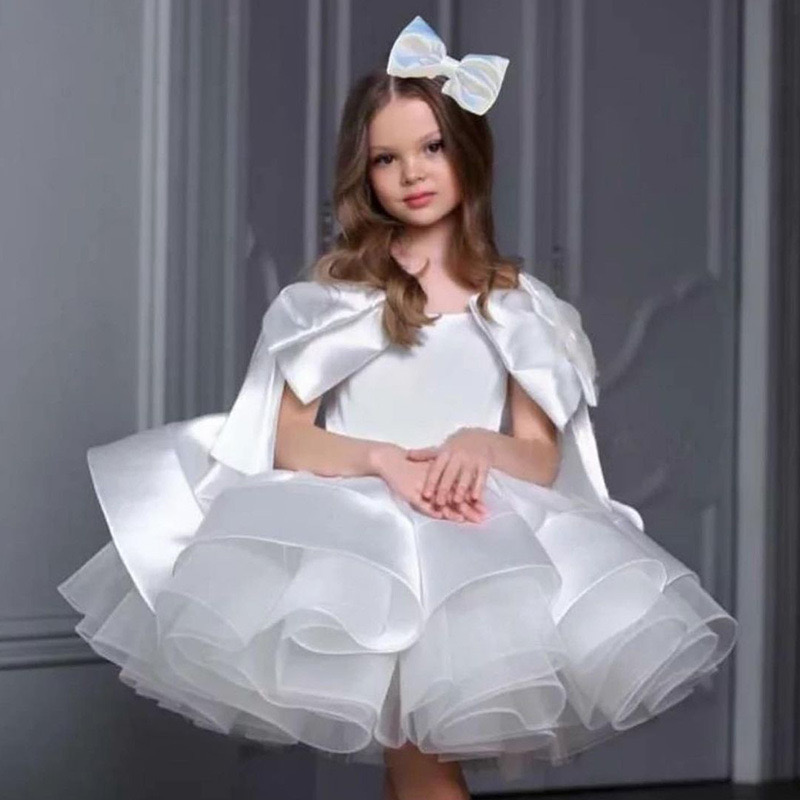 White Satin First Communion Dresses Girls 2024 Brand Puffy Tulle Tutu Infant Toddler Pageant Flower Girl Dress For Weddings And Birthday Party Gown Wi