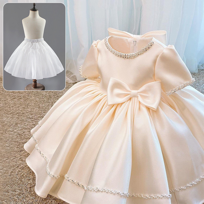 2024 New Satin Flower Girl Dresses Hand Made Pearls Beaded Big Bow Little Wedding Luxurious Communion Gowns Girls Pageant Kid Party Dress 403