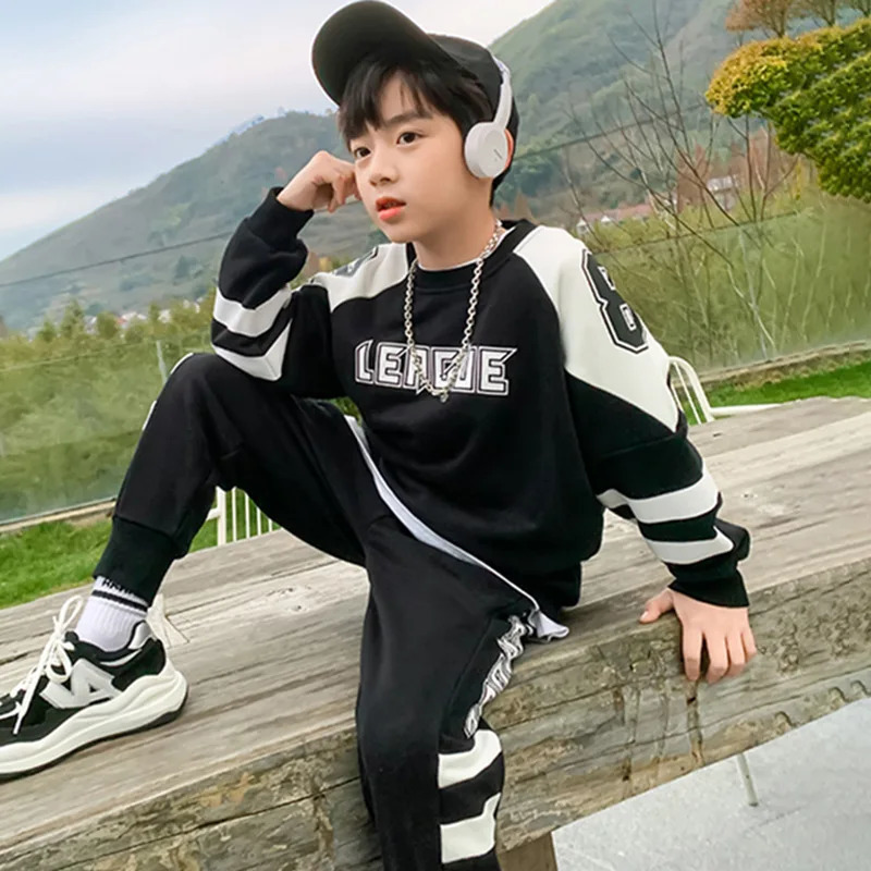 Boys Contrast Sweatshirt Sweatpant 2-Piece Outfit Kids Tracksuit Children Active Work Jumper Jogger Track Pant Sets 3-14 Years 240118