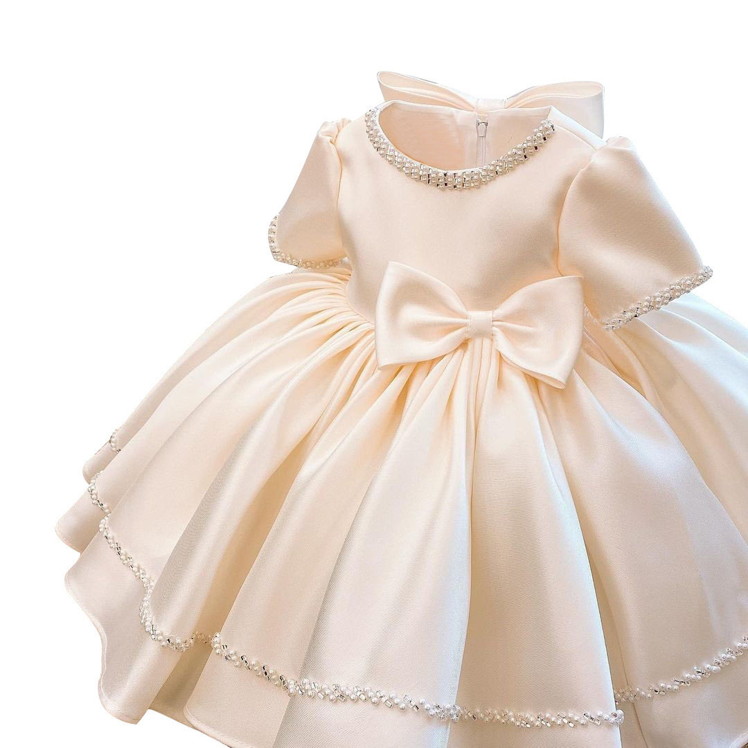 2024 New Satin Flower Girl Dresses Hand Made Pearls Beaded Big Bow Little Wedding Luxurious Communion Gowns Girls Pageant Kid Party Dress 403