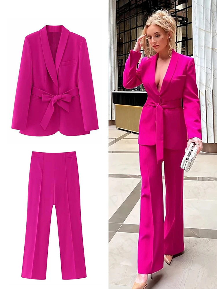 Womens Blazer Set 2 Pieces Long Sleeve VNeck Belted High Waisted Wide Leg Trousers Casual Elegant OL Sui 240127