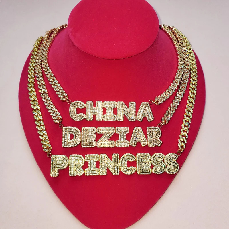 Custom Name Necklace Small Baguette Letter Customized Pendant With 9mm Cuban Chain Name Full Iced Out Zircon Pendant Gift 240125