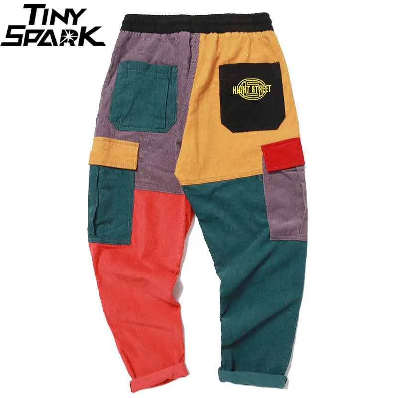Hip Pants Vintage Color Block Patchwork Corduroy Cargo Harem Pant Streetwear Harajuku Jogger Sweatpant Cotton Trousers 240126