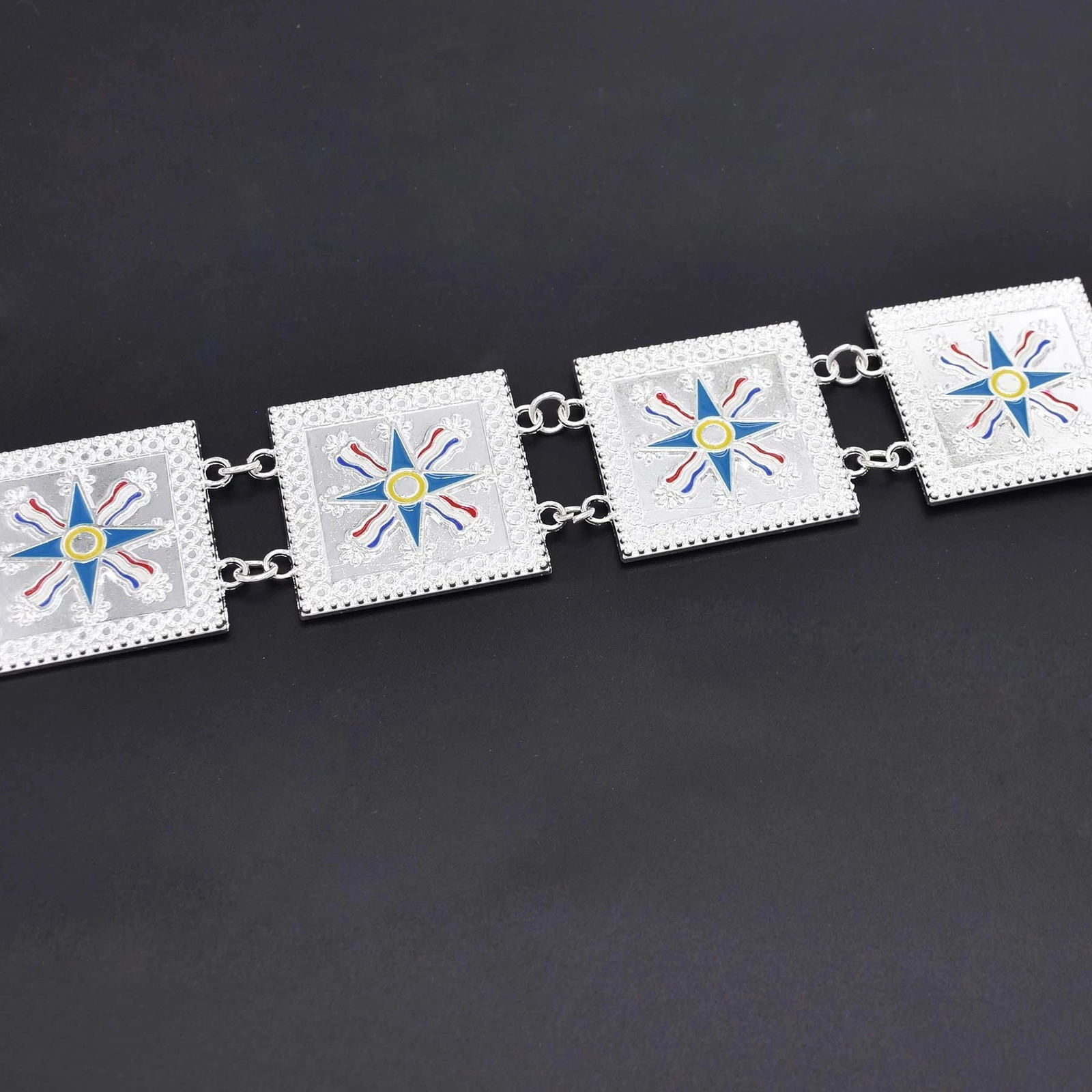 Silver Plated Assyrian National Flag Pattern Metal Waist Belly Chains Fashion Ethnic Coins Pendant Clothing Belts Body Jewelry 240127