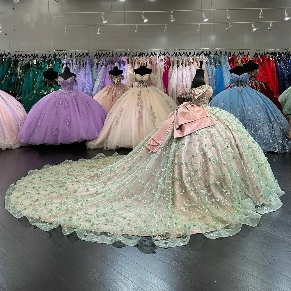Flowers Gorgeous Bow 3D Quinceanera Dresses Ball Gown Off the Shoulder Sequined Lace Beading Sweet 15 Vestidos De XV Anos