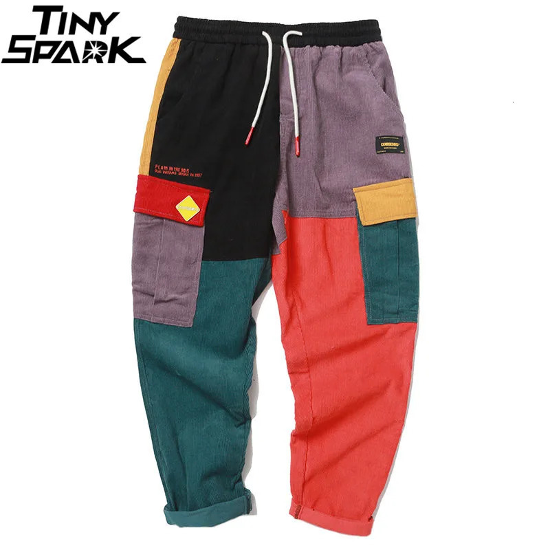 Hip Pants Vintage Color Block Patchwork Corduroy Cargo Harem Pant Streetwear Harajuku Jogger Sweatpant Cotton Trousers 240126