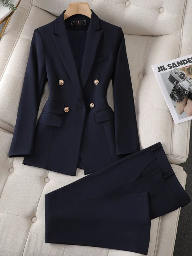 Elegant Pant Suits for Women Long Sleeve Korean Fashion Office Two Piece Slim Double Breasted Spring Summer 240127