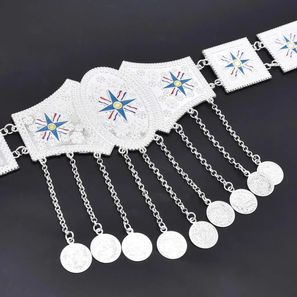 Silver Plated Assyrian National Flag Pattern Metal Waist Belly Chains Fashion Ethnic Coins Pendant Clothing Belts Body Jewelry 240127