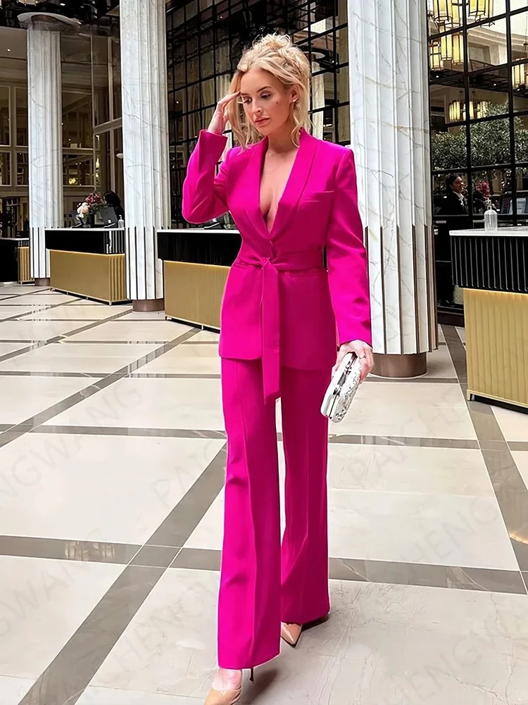 Womens Blazer Set 2 Pieces Long Sleeve VNeck Belted High Waisted Wide Leg Trousers Casual Elegant OL Sui 240127