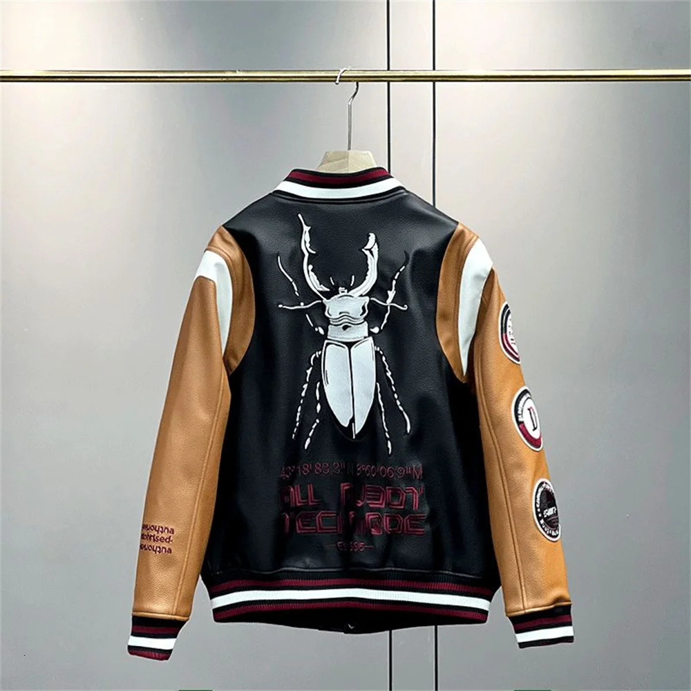 Patched PU Leather Pilot Jacket Coat with Cotton Leather Casual Loose Fit 240126