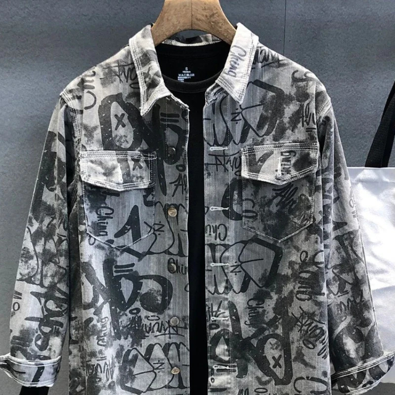 Mens Denim Jacket Long Shirt Wide Shoulders Fashion Male Jean Coats Sleeves Korean Clothes Lxury Print Vintage Cowboy 240202