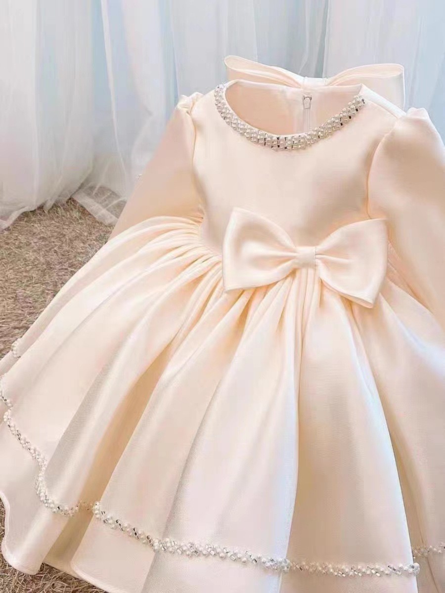 2024 New Satin Flower Girl Dresses Hand Made Pearls Beaded Big Bow Little Wedding Luxurious Communion Gowns Girls Pageant Kid Party Dress 403