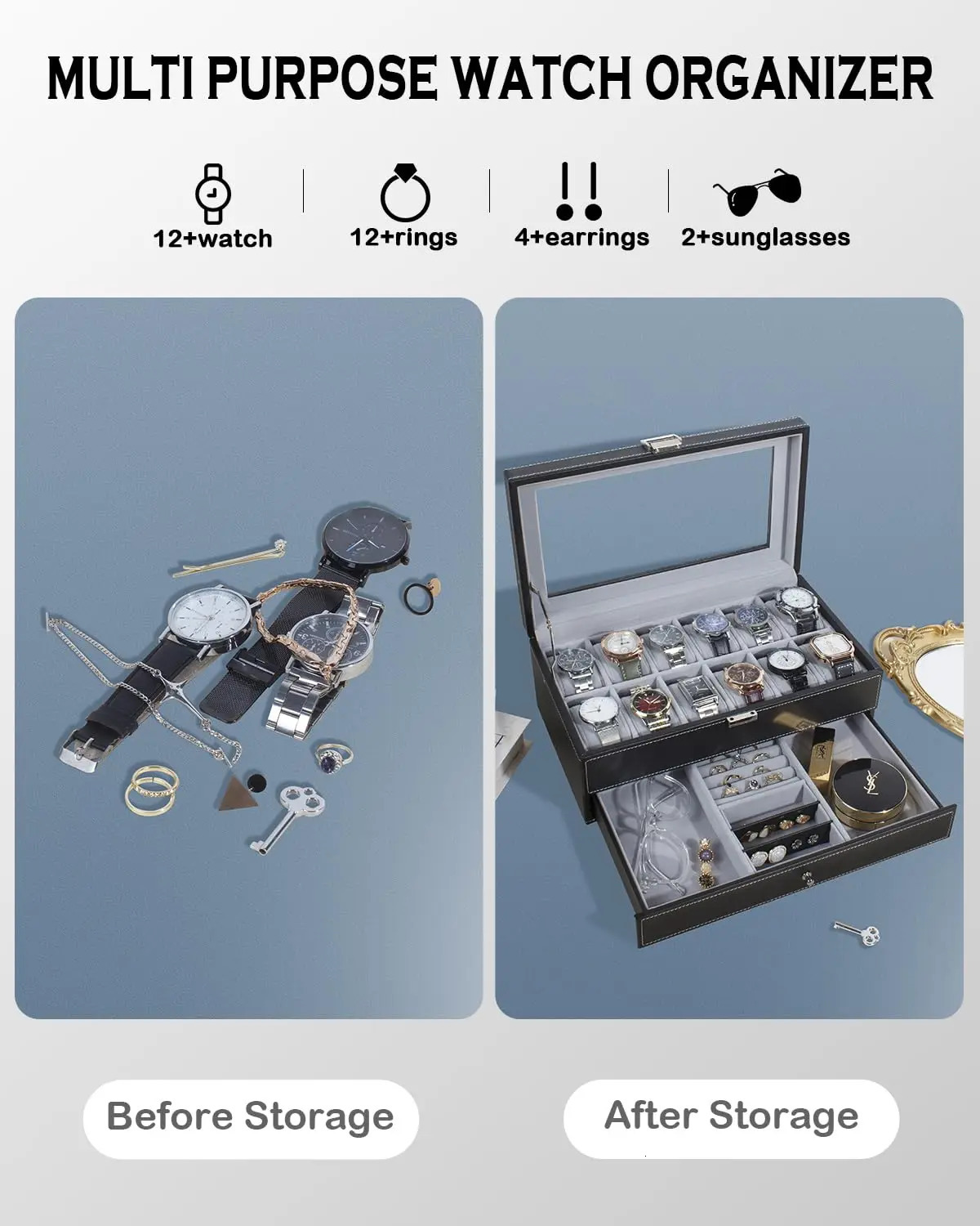 12 Slot PU Leather Lockable Watch Storage Boxes Men Womens Jewelry Display Drawer Case 2-tier Organizer Watch Showcase 240129