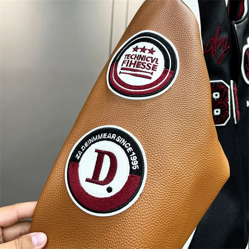 Patched PU Leather Pilot Jacket Coat with Cotton Leather Casual Loose Fit 240126