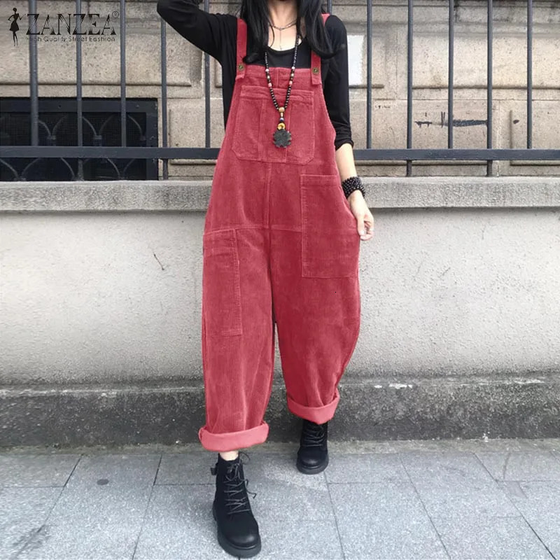 Vintage Corduroy Jumpsuits Womens Autumn Pants ZANZEA Casual Suspender Wide Leg Playsuits Rompers Trousers 240129