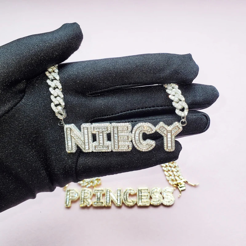 Custom Name Necklace Small Baguette Letter Customized Pendant With 9mm Cuban Chain Name Full Iced Out Zircon Pendant Gift 240125