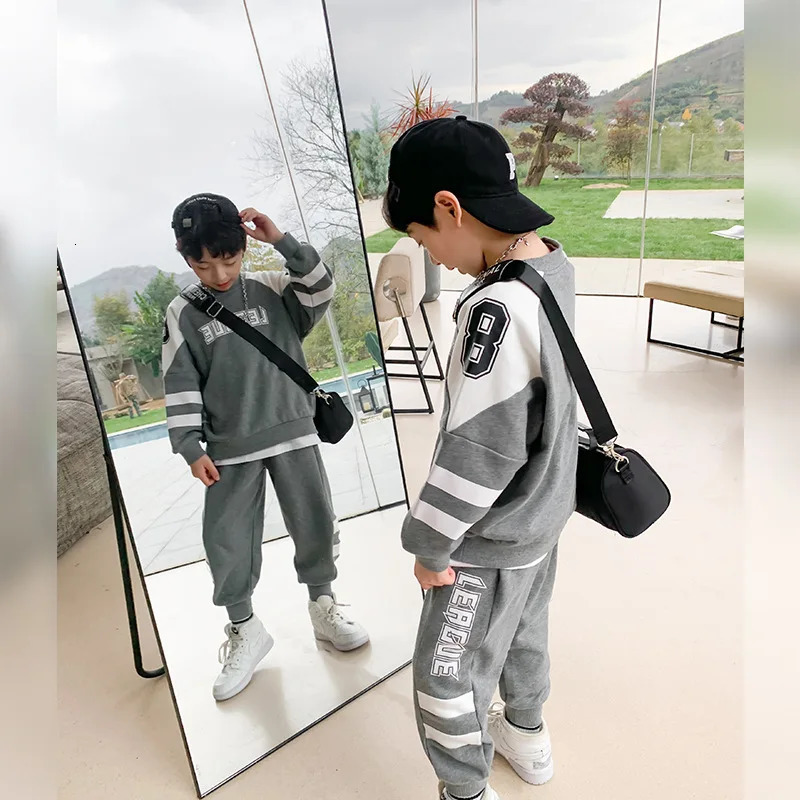 Boys Contrast Sweatshirt Sweatpant 2-Piece Outfit Kids Tracksuit Children Active Work Jumper Jogger Track Pant Sets 3-14 Years 240118