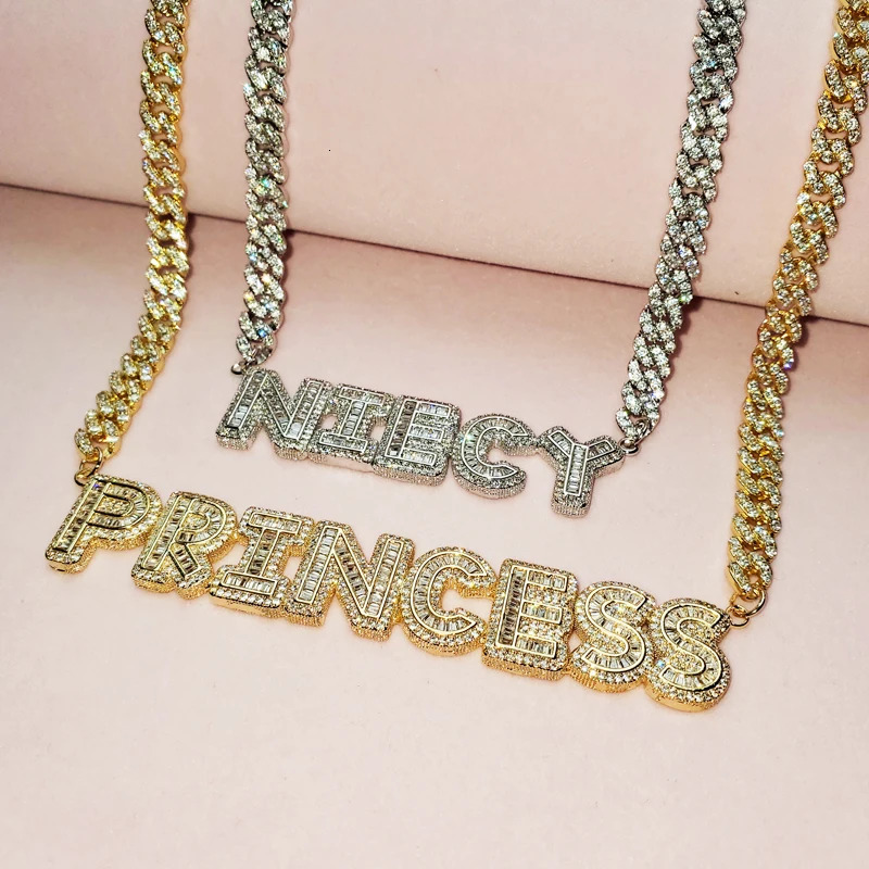 Custom Name Necklace Small Baguette Letter Customized Pendant With 9mm Cuban Chain Name Full Iced Out Zircon Pendant Gift 240125