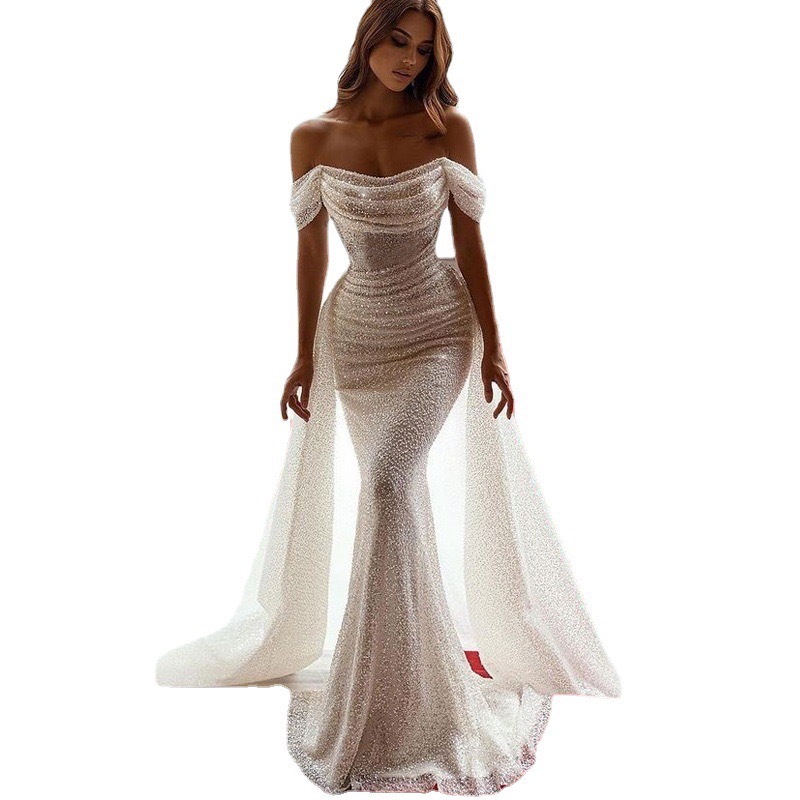 New Plus Size Bling Wedding With Long Train Off Shoulder Bridal Gowns Vestido Novia Beading Appliques Bride Dress Beach Boho Sexy Wed Dresses Mermaid