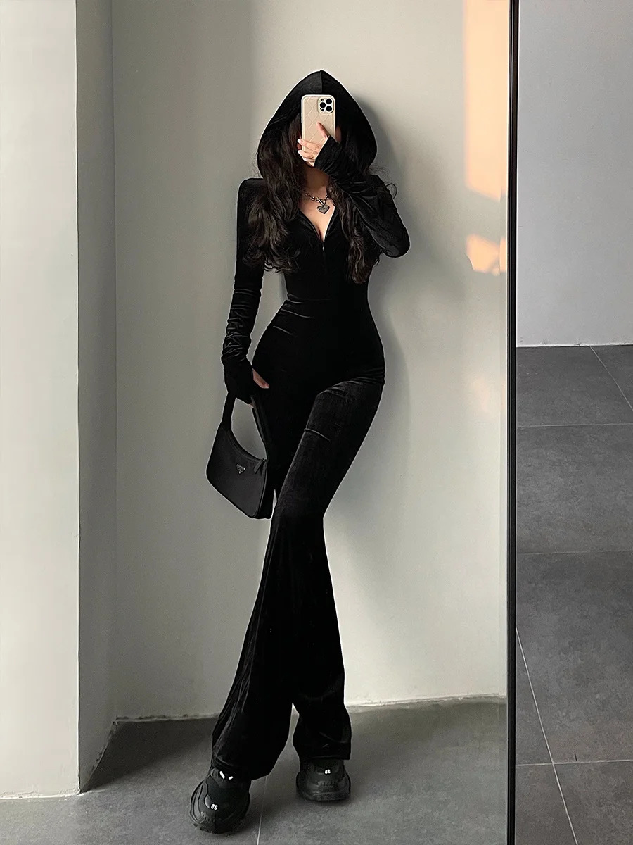 TVVOVVIN Fashion Black Velvet Slim Hooded Zipper Long Sleeve Flare Pants Jumpsuit Rompers Korean Sexy Tops 9P64 240129